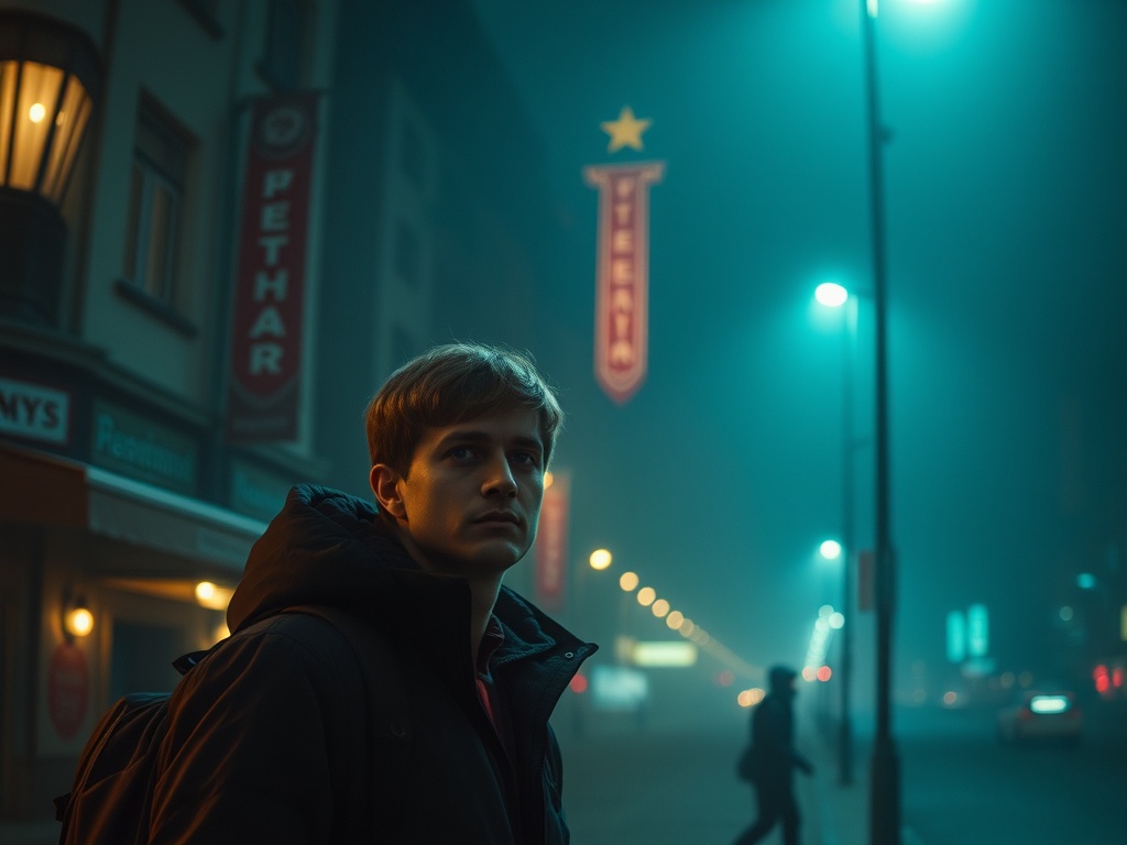 Молодой человек в темной одежде стоит на улице в туманной атмосфере с яркими огнями и вывесками.