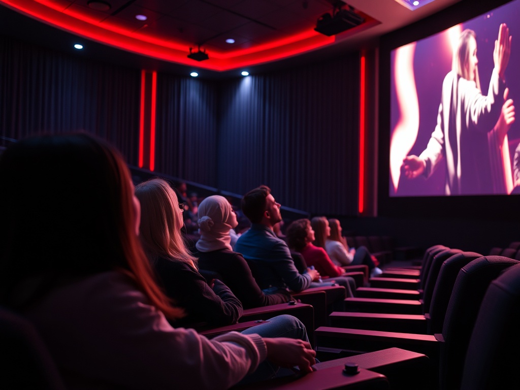 Зрители в кинотеатре смотрят фильм на большом экране, зал освещён мягким светом.