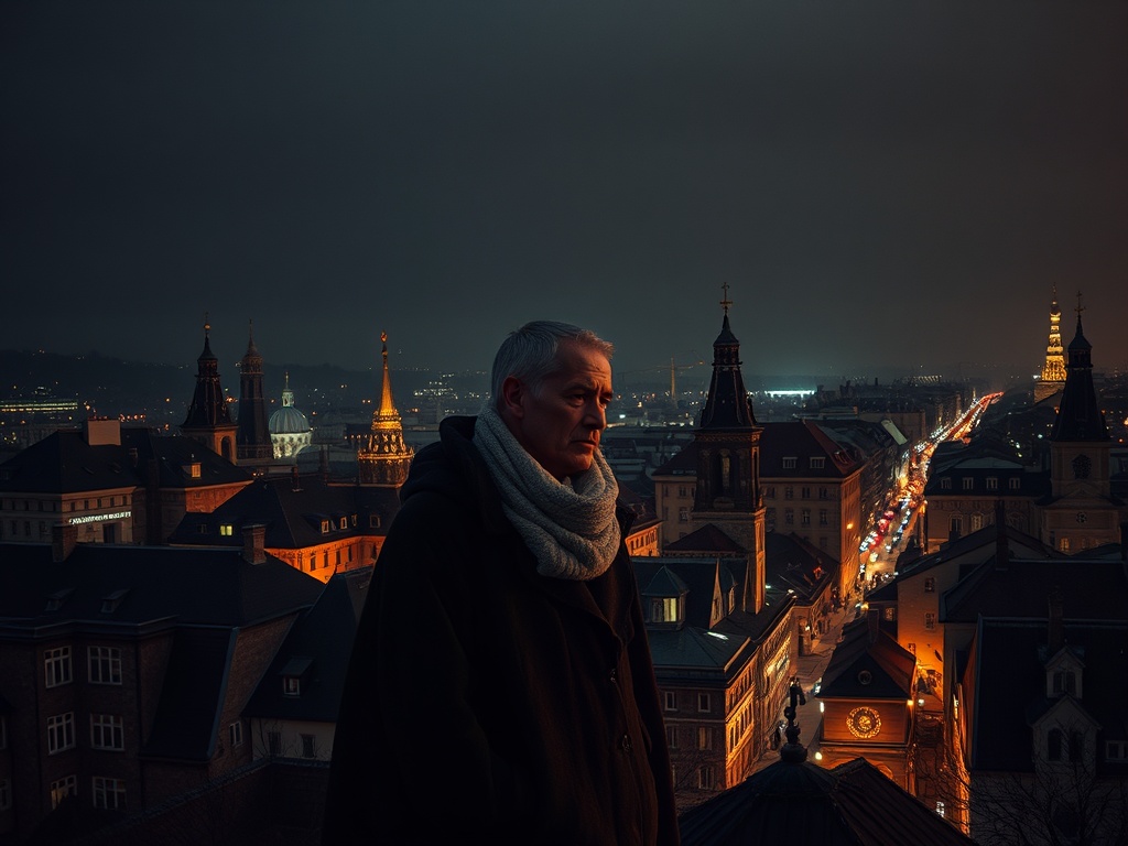 Человек на фоне ночного города с огнями, старинные здания и облака создают атмосферу уединения.