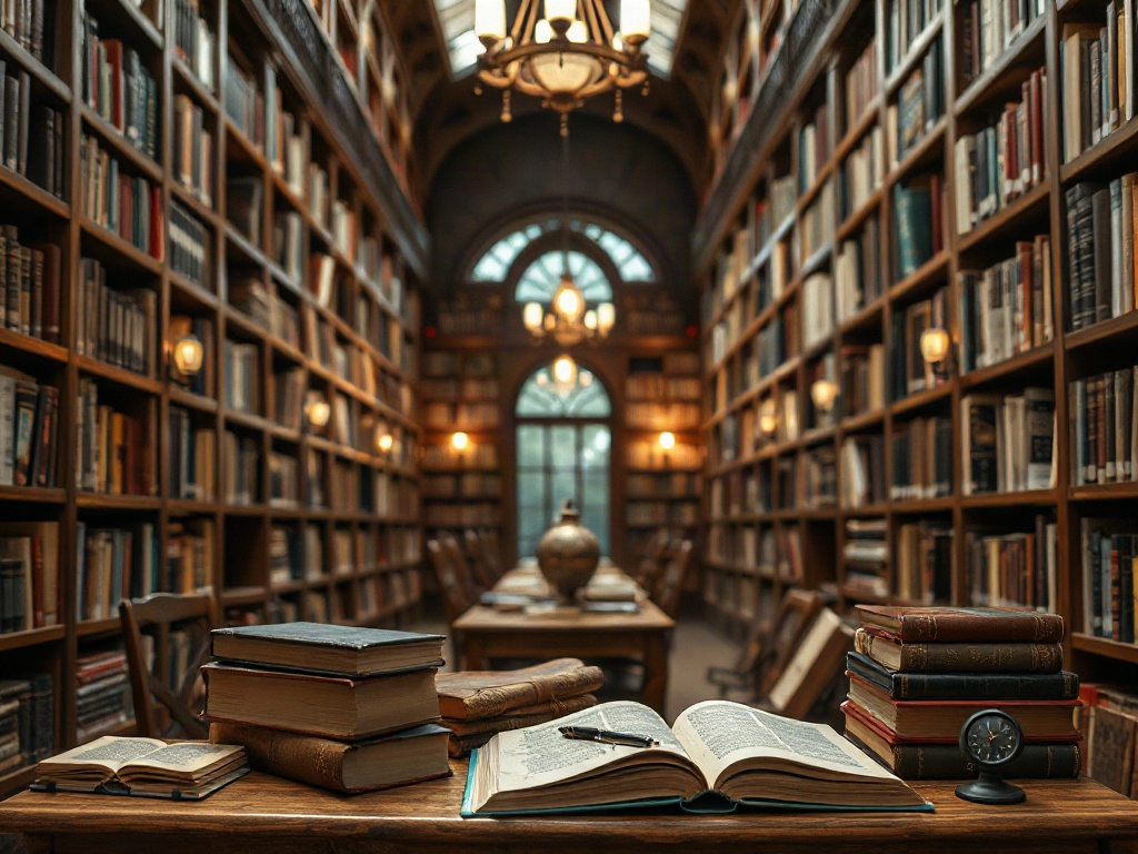 Библиотека с высокими книжными полками, столами и книгами, освещенная мягким светом из люстр.