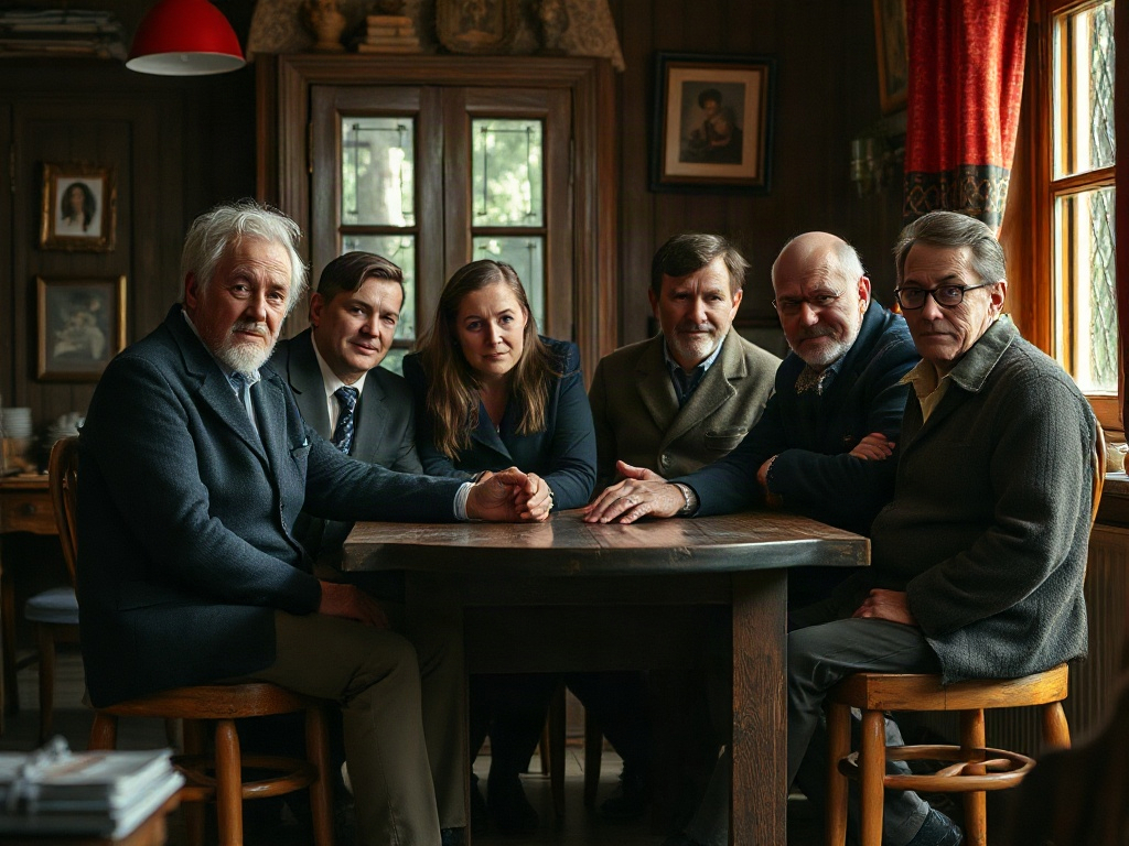 Группа людей в деловой одежде сидит за столом в уютной комнате с деревянными стенами и окнами.