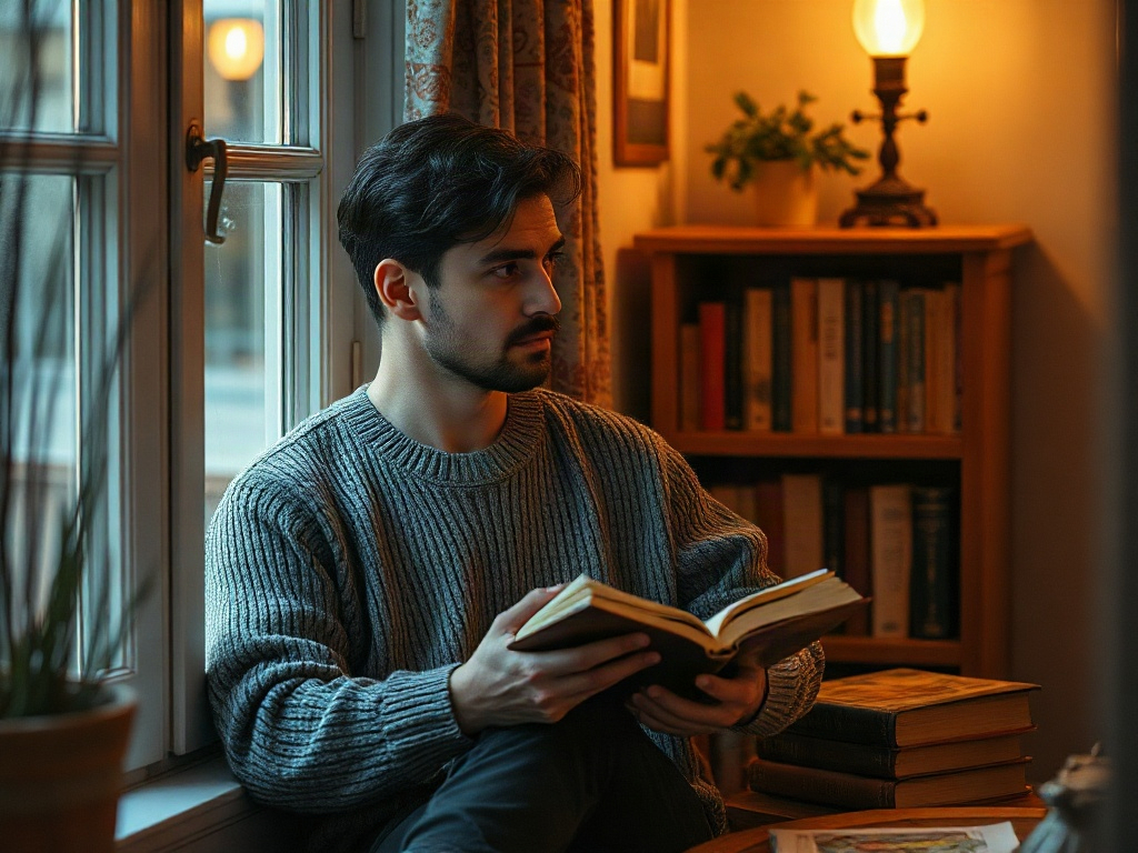 Парень в уютном свитере читает книгу у окна, освещенного теплым светом лампы. На полке - книги и растения.
