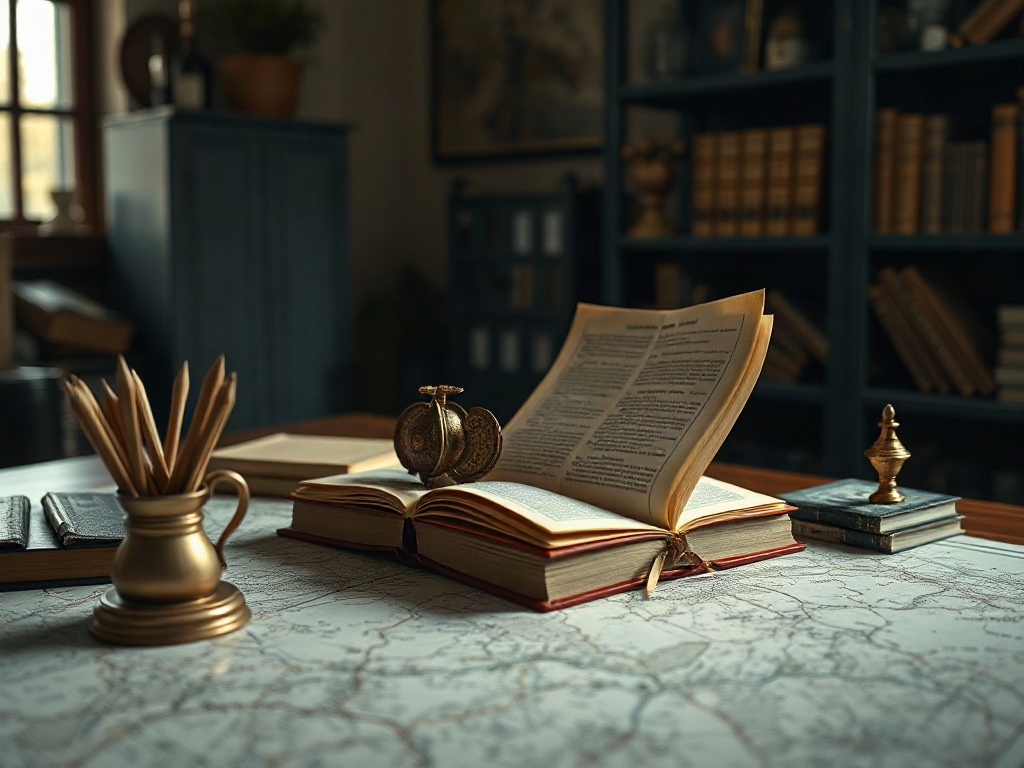 На столе открытая книга, глобус, канцелярские принадлежности и карта. Атмосфера уюта и знания.