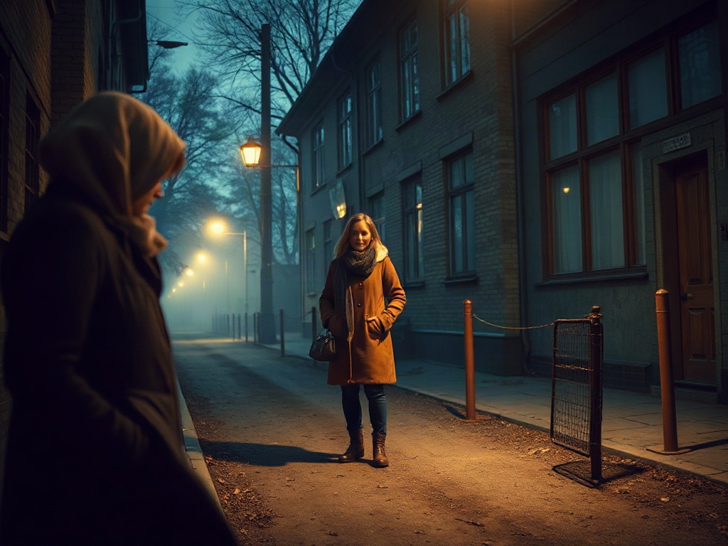 Вечерняя улица с фонарями. Две женщины, одна на переднем плане, другая в тени, в туманной атмосфере.